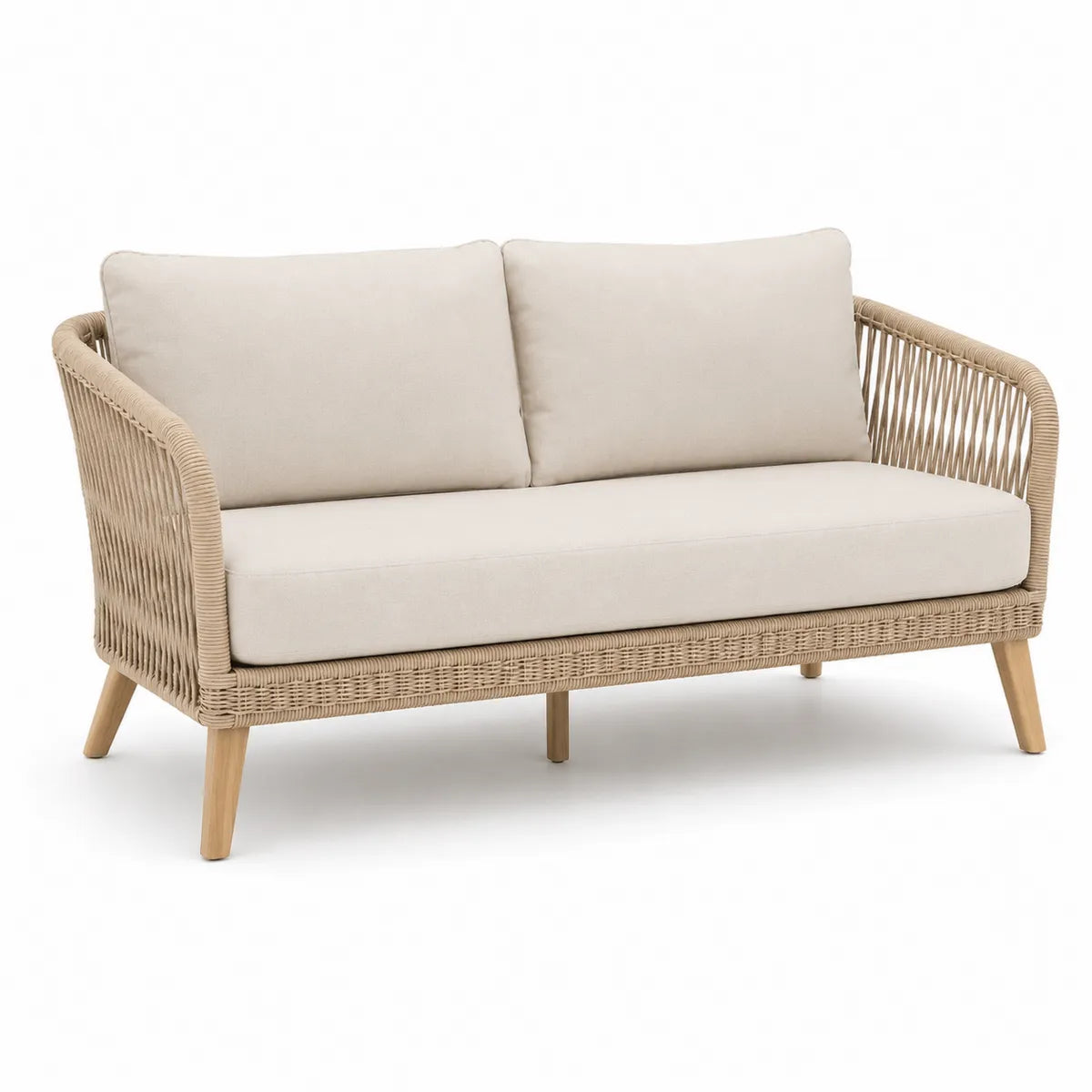 Sofa ogrodowa 2-osobowa beżowa pleciona z poduszkami, drewno/technorattan