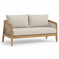 Sofa ogrodowa dwuosobowa, beżowa tkanina, drewno tekowe, 150 cm