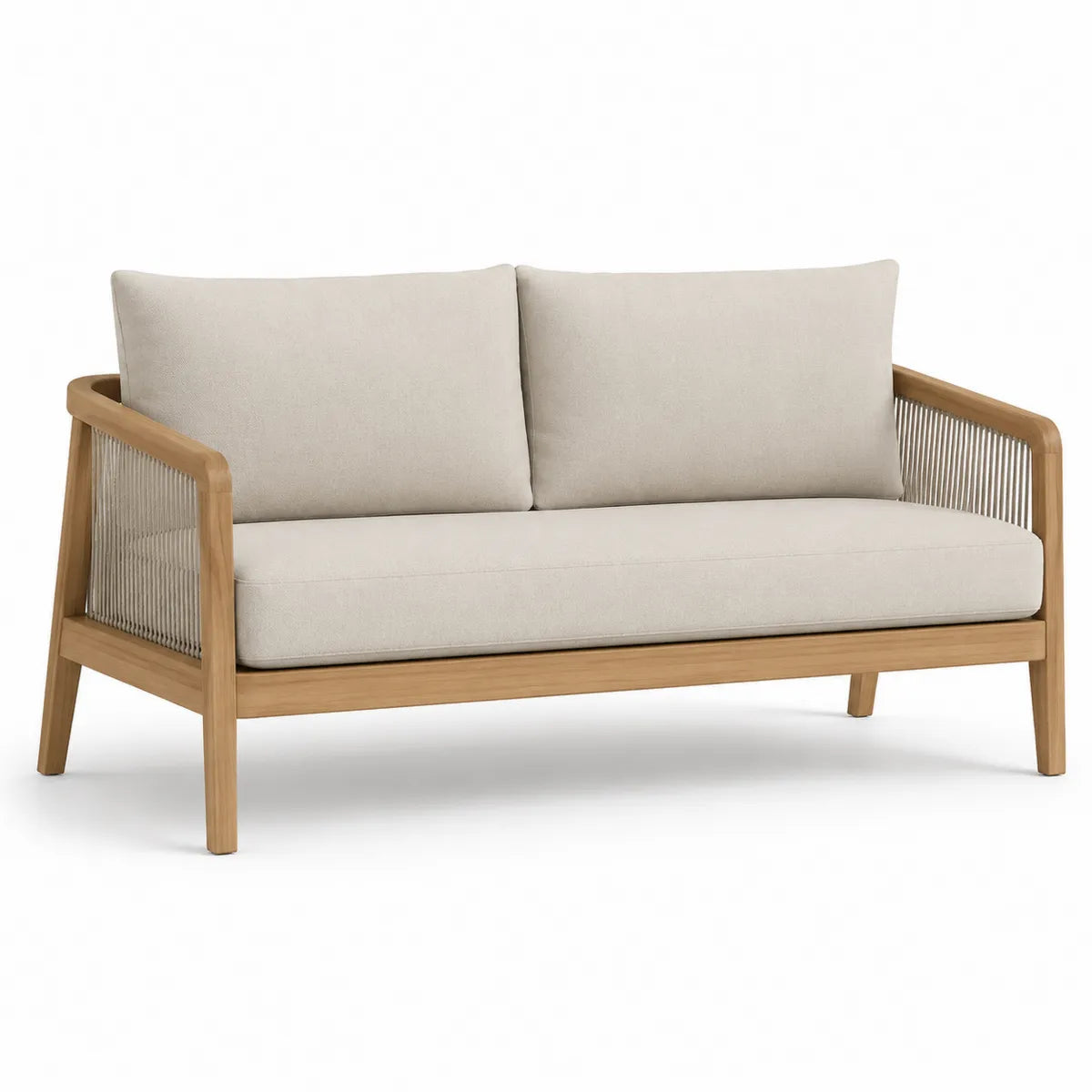 Sofa ogrodowa dwuosobowa, beżowa tkanina, drewno tekowe, 150 cm