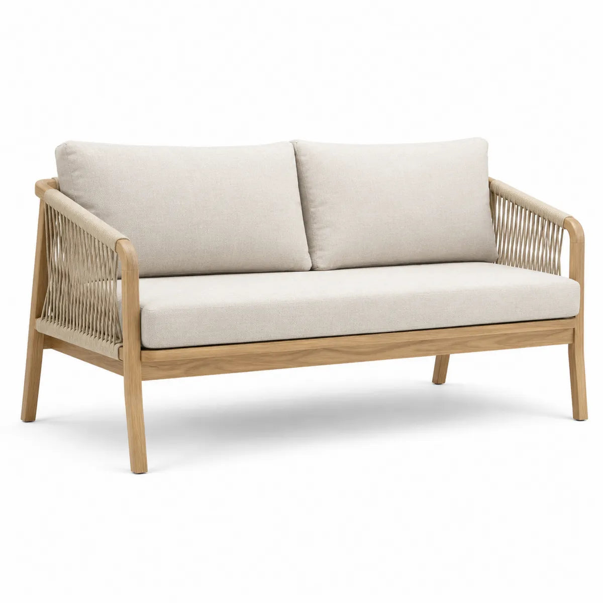 Sofa z drewna tekowego z kremową tkaniną 130 cm