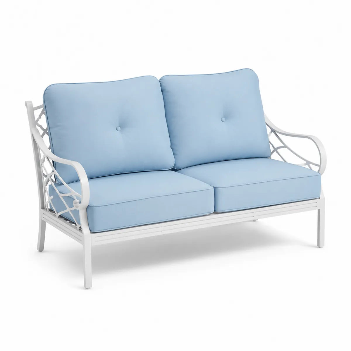 Sofa ogrodowa metalowa z poduszkami poliestrowymi biało-niebieska 150cm