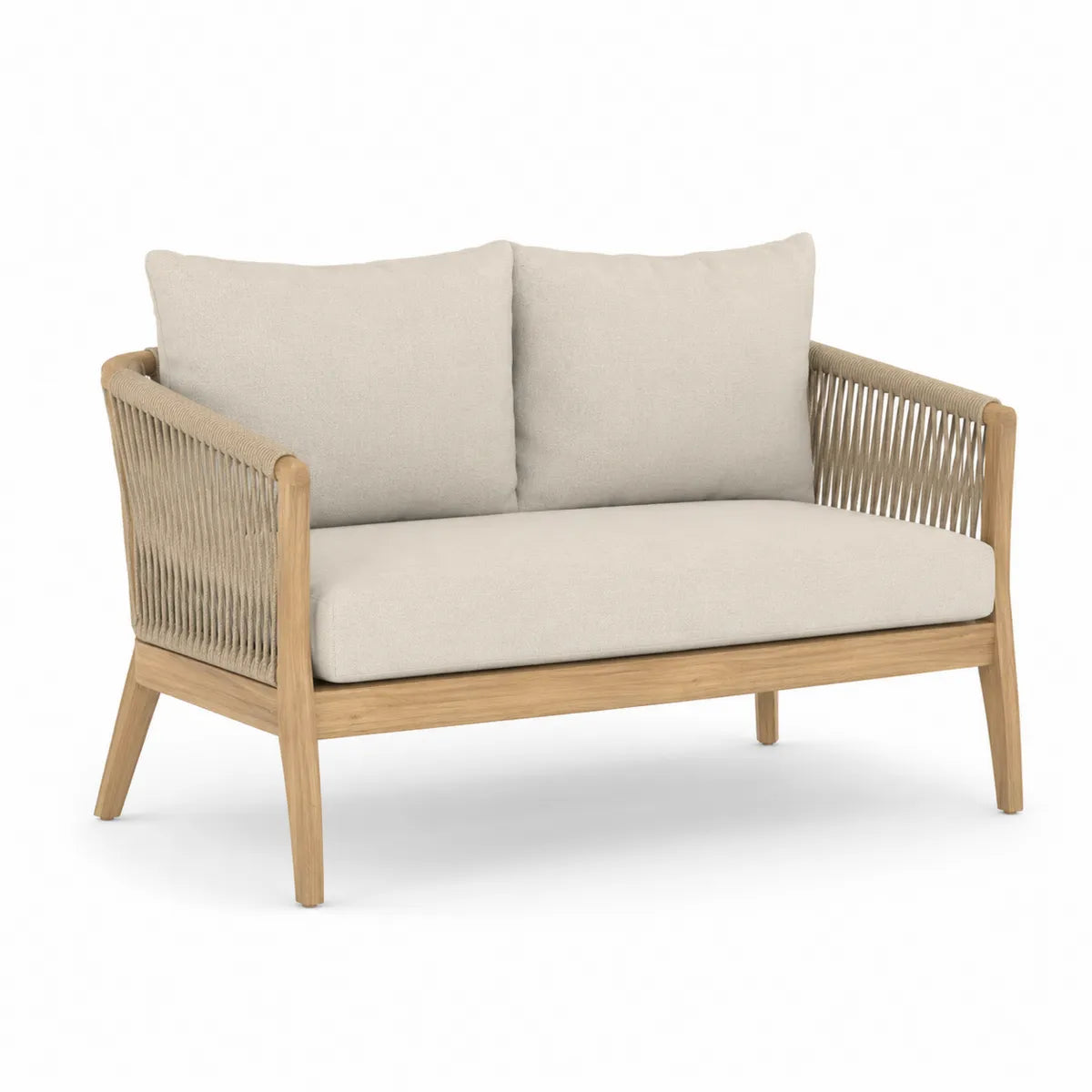 Dwuosobowa sofa z drewna akacjowego z beżowymi poduszkami 140 cm
