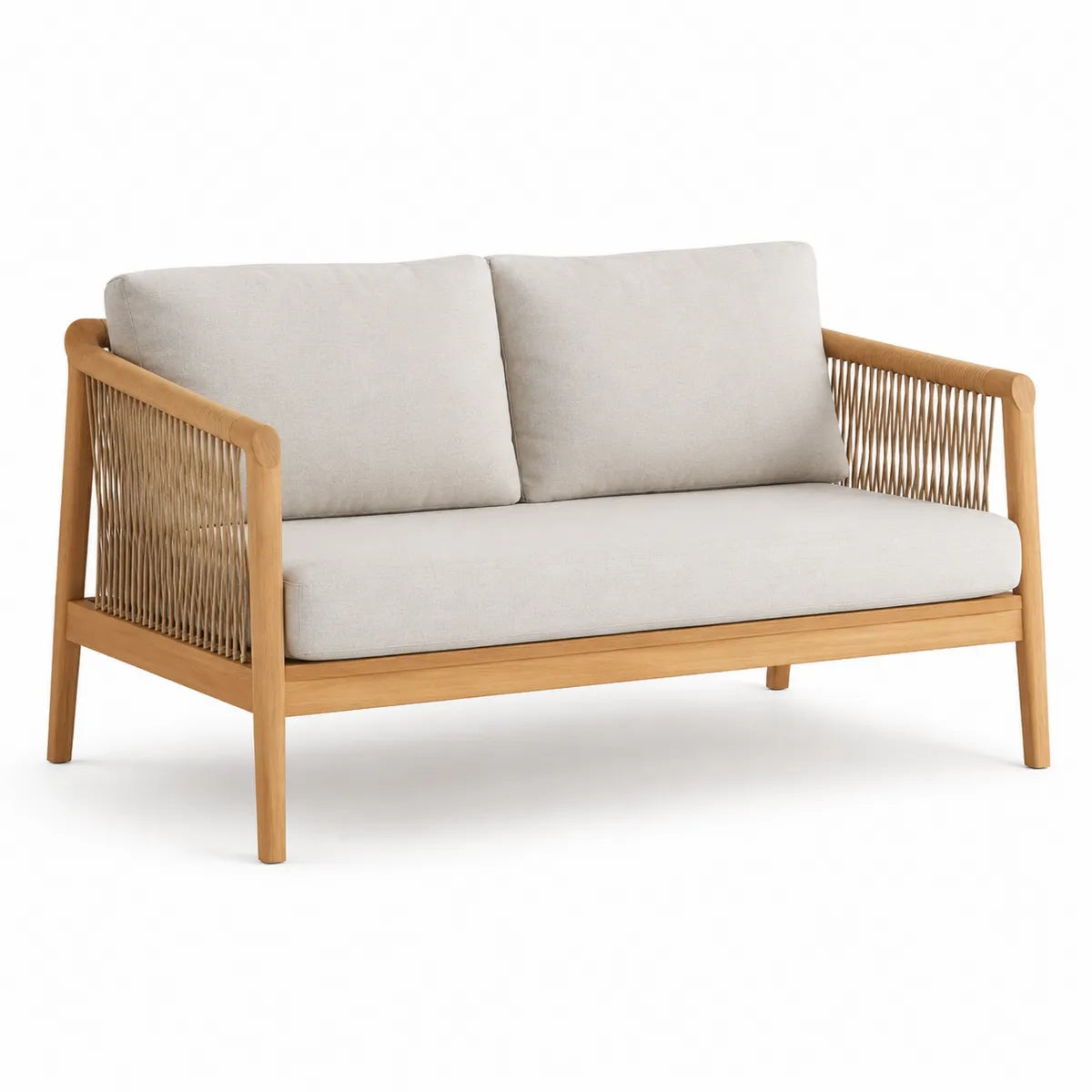 Drewniana sofa z liną polipropylenową i jasnoszarymi poduszkami