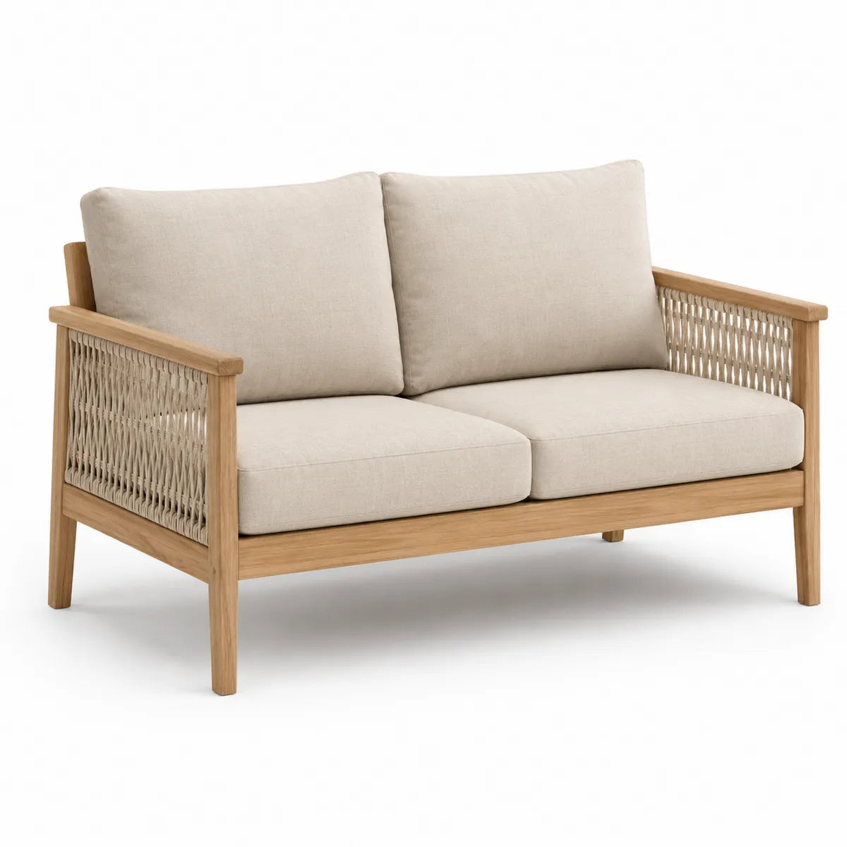Dwuosobowa sofa z drewna teak z beżowymi poduszkami