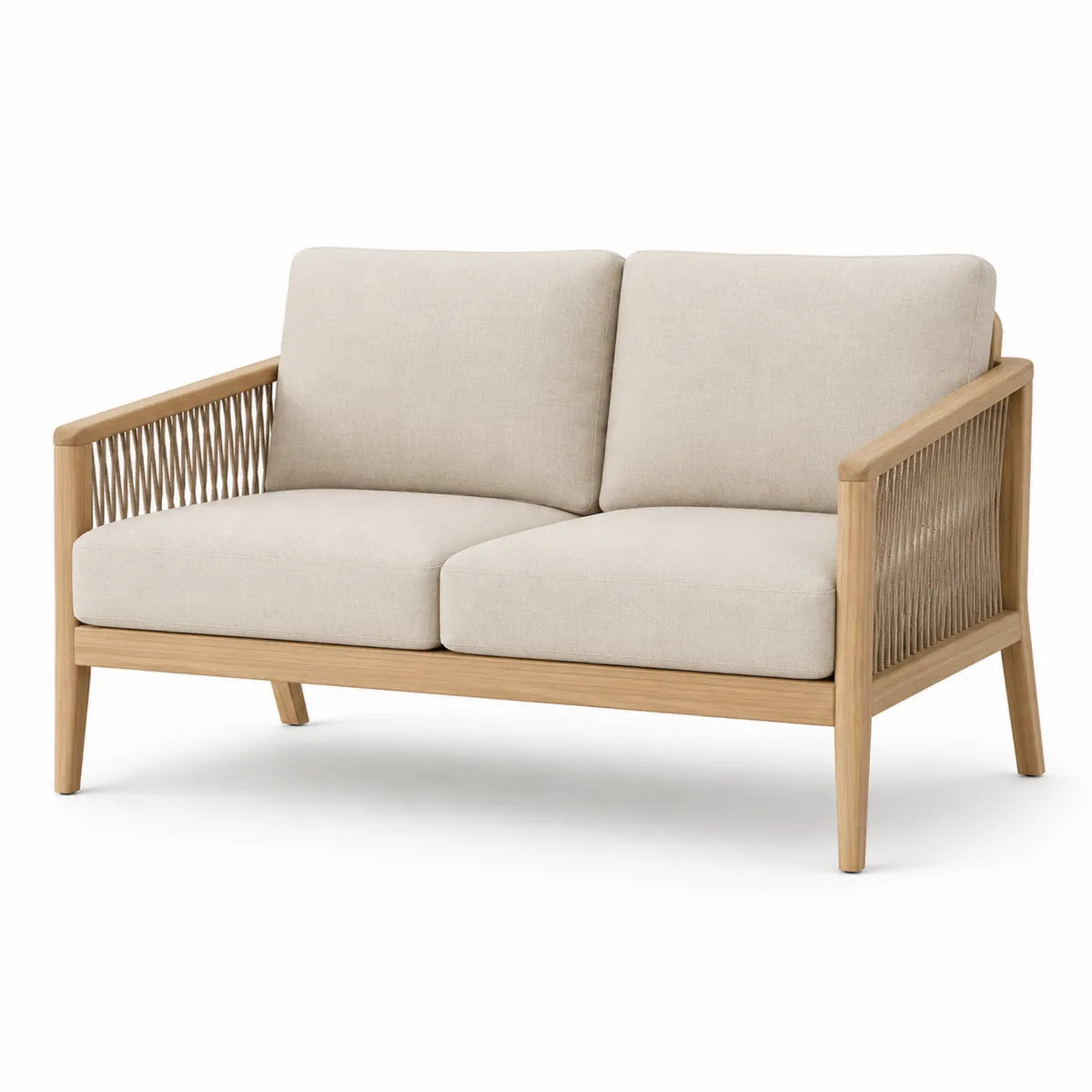 Beżowa sofa dwuosobowa z drewna tekowego i liny