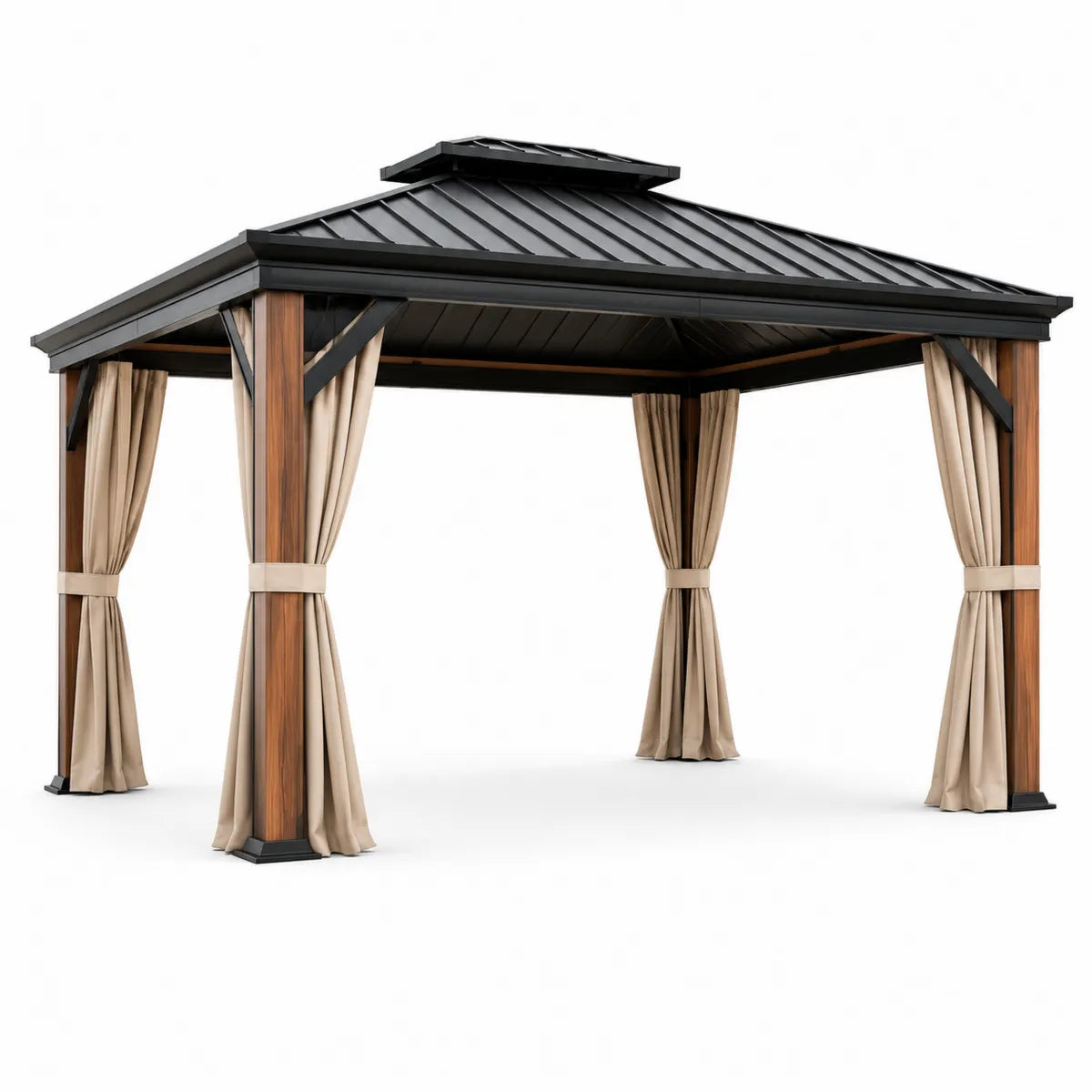 Altana ogrodowa aluminiowa z beżowymi zasłonami i stalowym dachem 300x400x300 cm