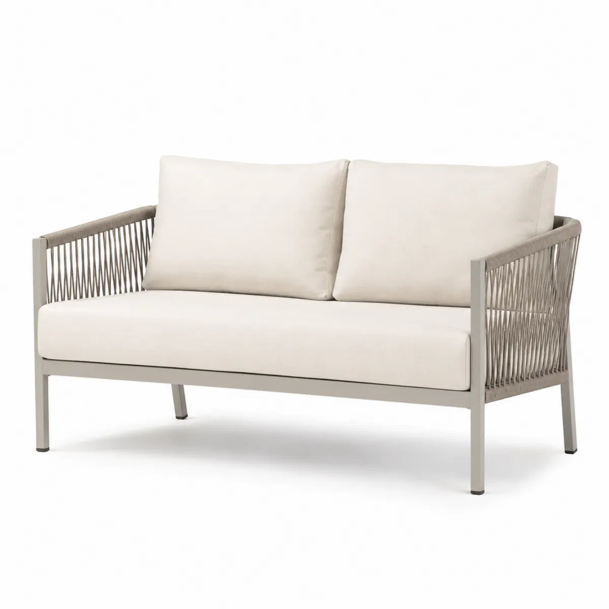 Beżowa sofa dwuosobowa zewnętrzna z ramą metalową