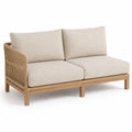 Dwuosobowa sofa ogrodowa z beżowej tkaniny z drewnianą ramą