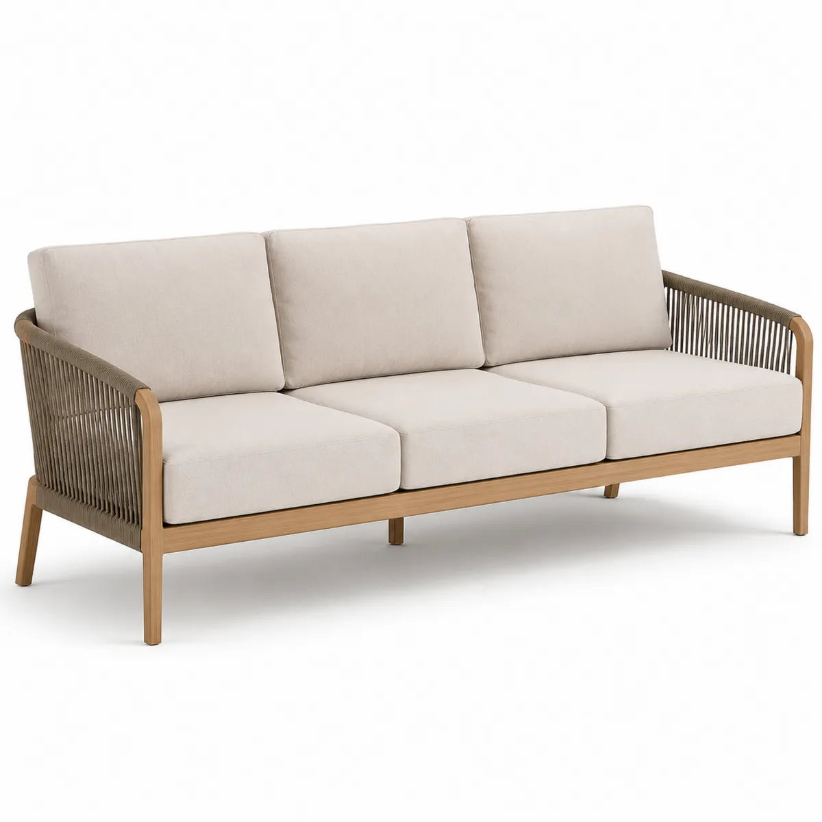 Drewniana sofa ogrodowa 3-osobowa z nylonowymi podłokietnikami, beżowa