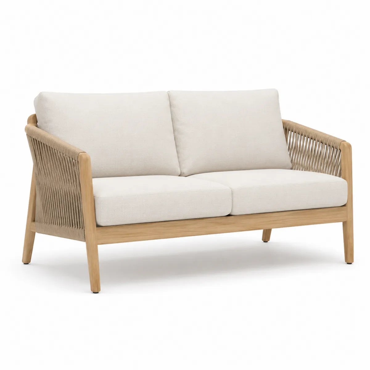 Sofa dwuosobowa ogrodowa z drewna teak i tkaniny olefin, beżowa, 180 cm