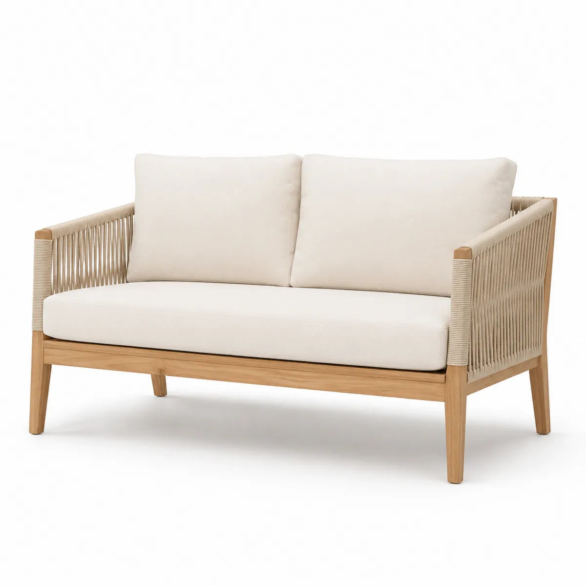 Dwuosobowa sofa z drewna teak i poliestru z poduszkami beżowa