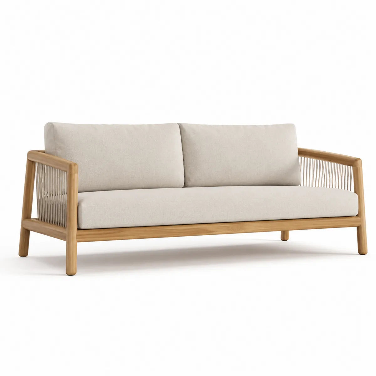 Beżowa 3-osobowa sofa drewniana z teaku i poliestru