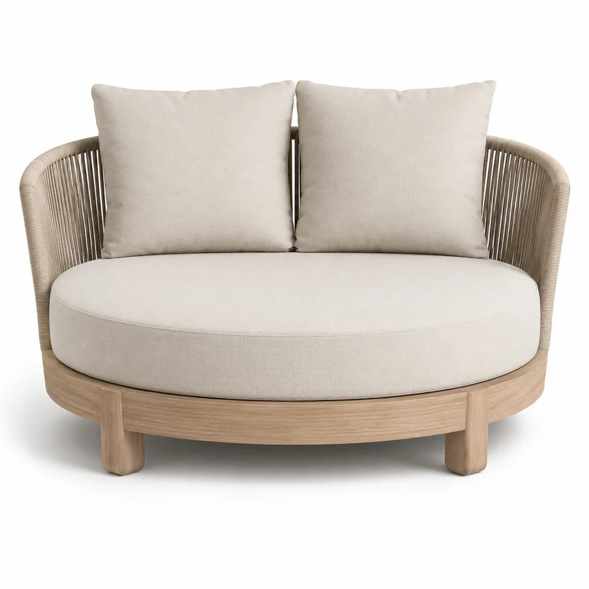 Okrągła sofa ogrodowa z drewna tekowego z beżowymi poduszkami