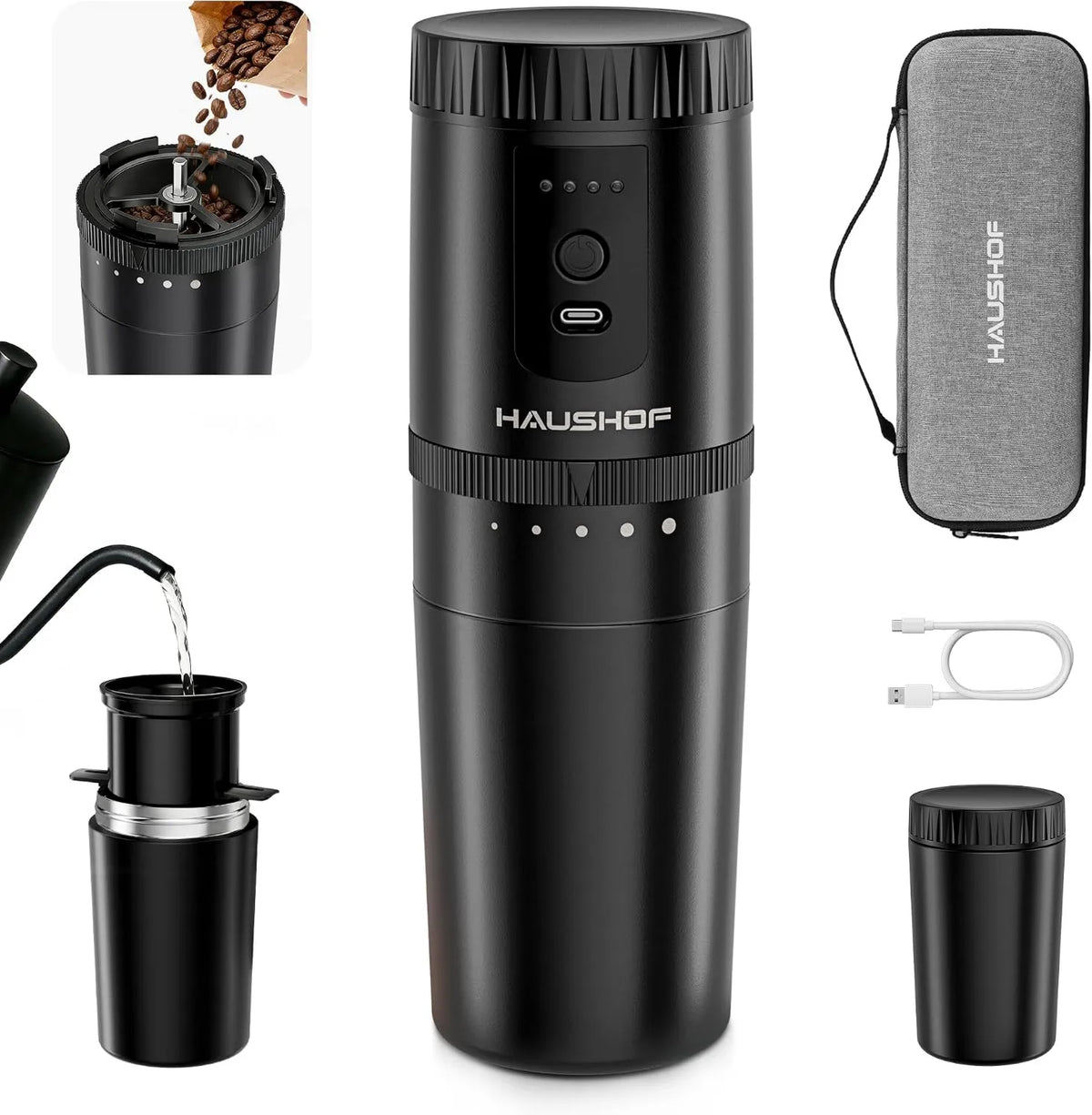 HAUSHOF, Kawiarnia, Przenośna, Elektryczna ekspres do kawy, 300 ml, USB, kemping, czarny, do podróży i kempingu