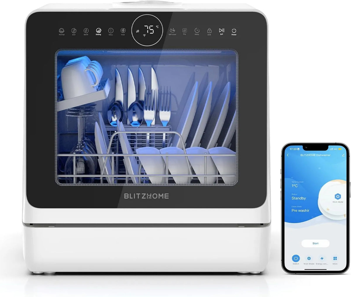 BLITZHOME zmywarka wolnostojąca, Zmywarka, 5 l, 8 programów, przenośne, blokady, duży zbiornik, smart sterowanie app, przydatna z lub bez podłączenia wody