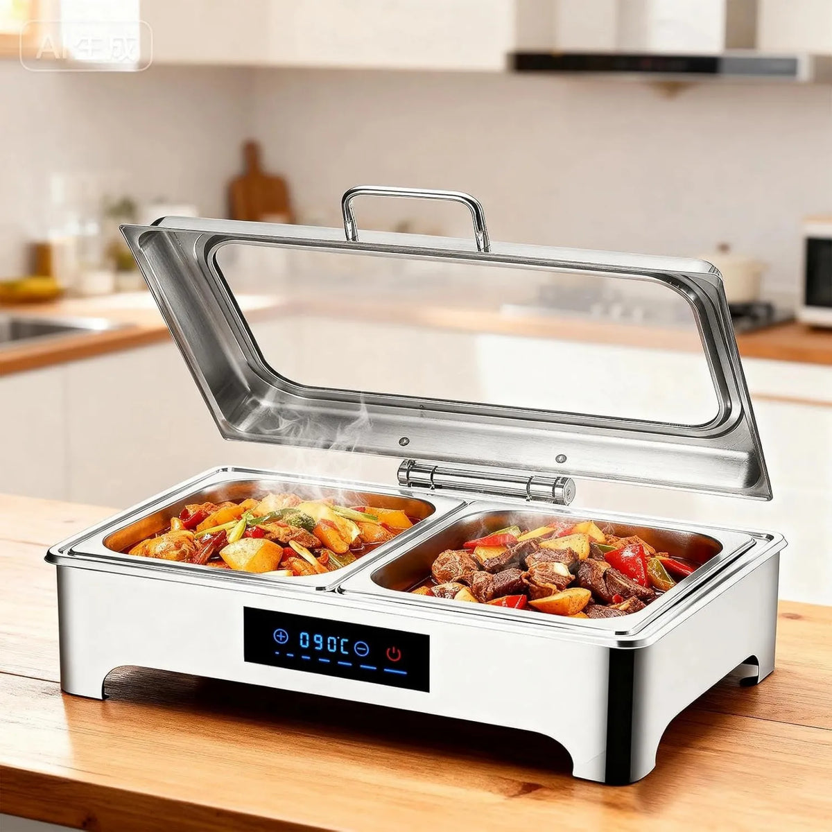 VFDZ, Płyta grzewcza w formie bufetu, 9 l, 400 W, 220 V, 2 strefy temperaturowe, stal nierdzewna, 2 tacki, 400 W 220 V 9 l, elektryczne dish chafing, wytrzymałe i