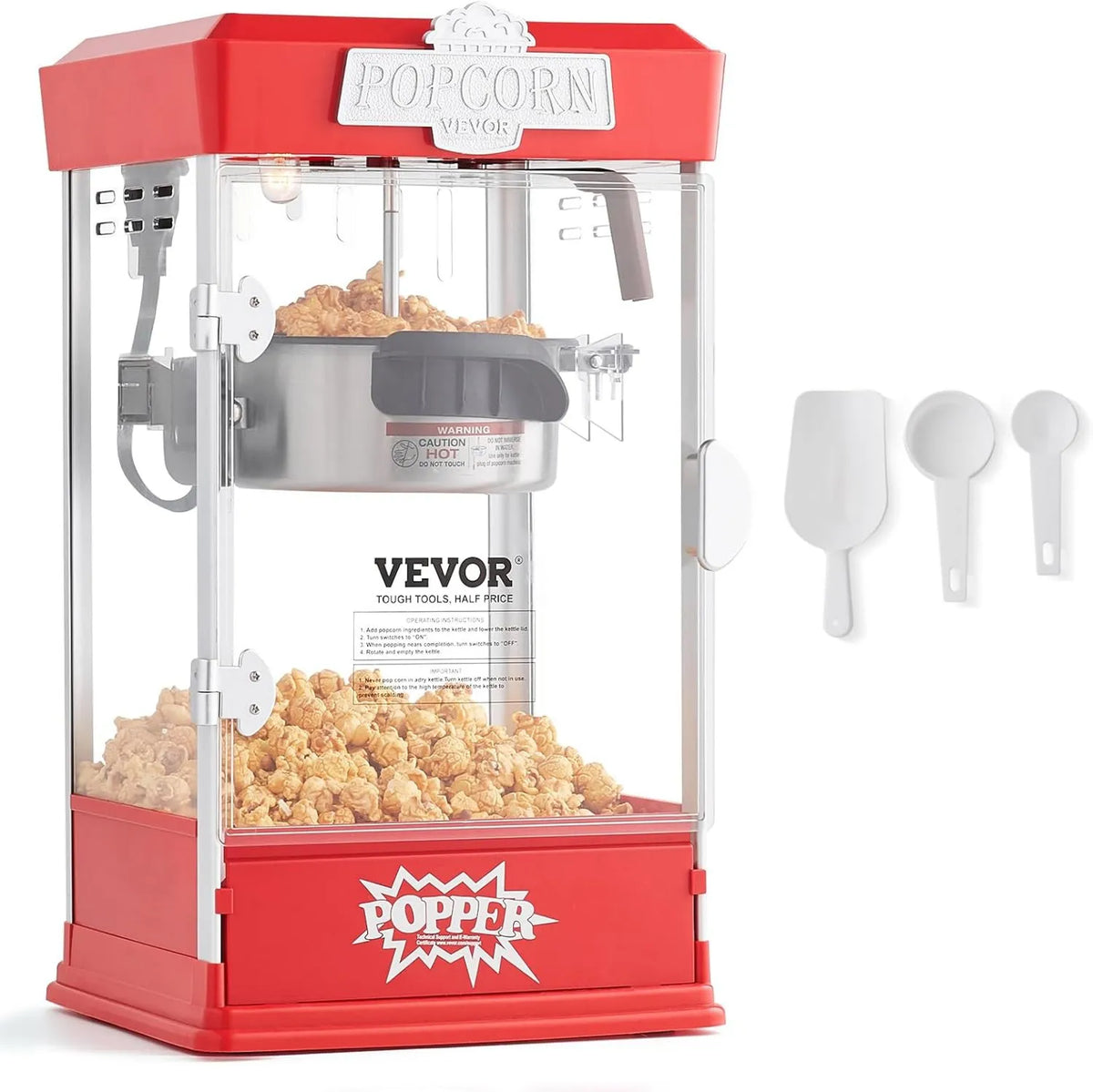 Maszyna do popcornu, 480 W, 0,11 kg, 6,82 l, 485 mm, VEVOR Maszyna do popcornu, maszyna do popcornu stołowego, w zestawie 3 miarki, styl kinowy