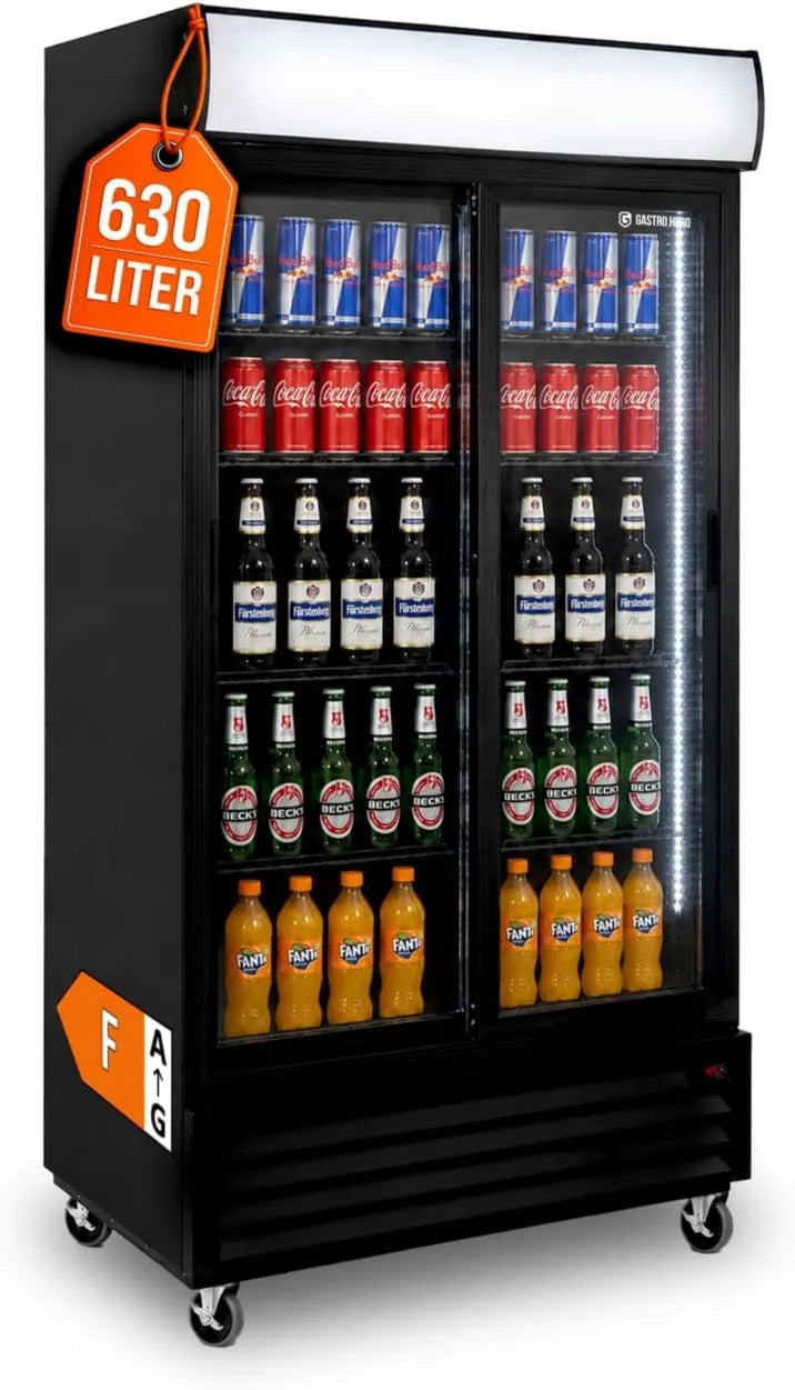 GastroHero chłodziarka do napojów, Lodówka, 630 l, handel, czarny, 8 regulowanych półek, pojemność 630 l, z oświetleniem i drzwi przesuwne, drzwi szklane, oświetlenie wewnętrzne