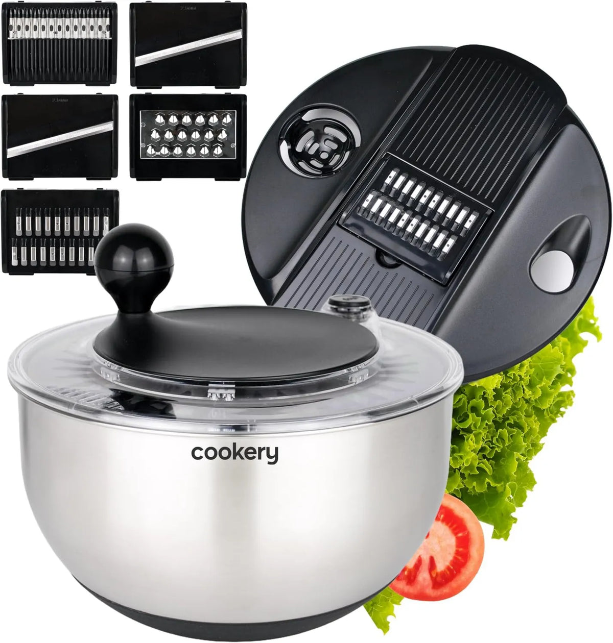 Cookery, Suszarka do sałatek ze stali nierdzewnej, 4, 5 l, Piekarnia, Mandolina warzywna wyposażona w 5 ostrzy / łatwa suszarka sałatkowa dzięki non@-@ slip dend