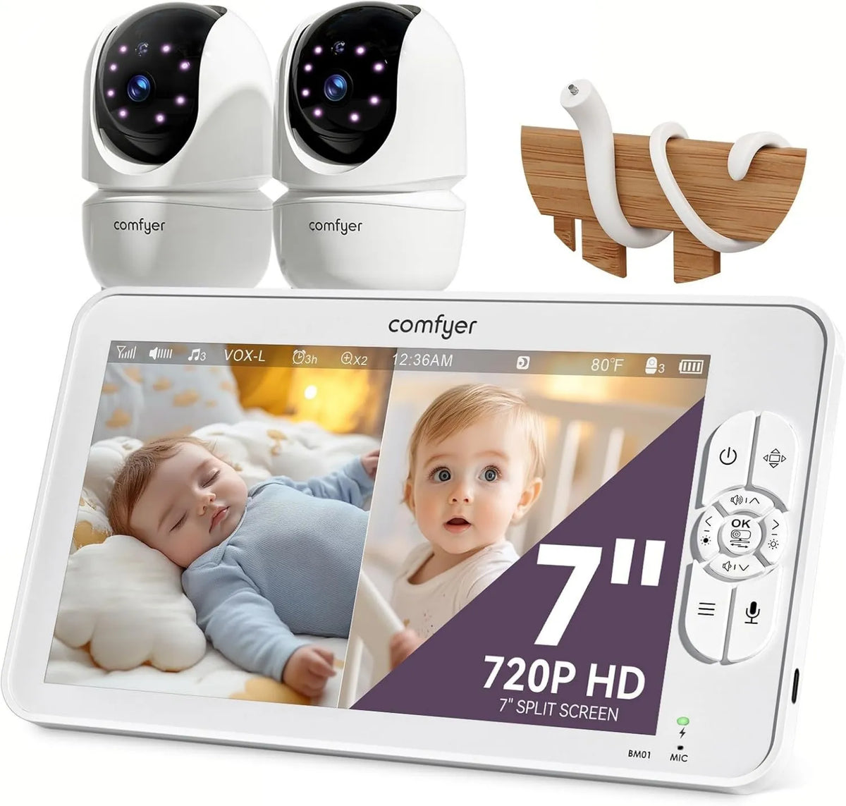 Comfyer, Monitor, Comfier BM01 1080P, Wi-Fi, 6000 mAh Bateria, Elastyczne wsparcie, 7 ′ ′ Podzielony ekran, Babyphone 2 Kamery, VOX tryb, Zdalny PTZ