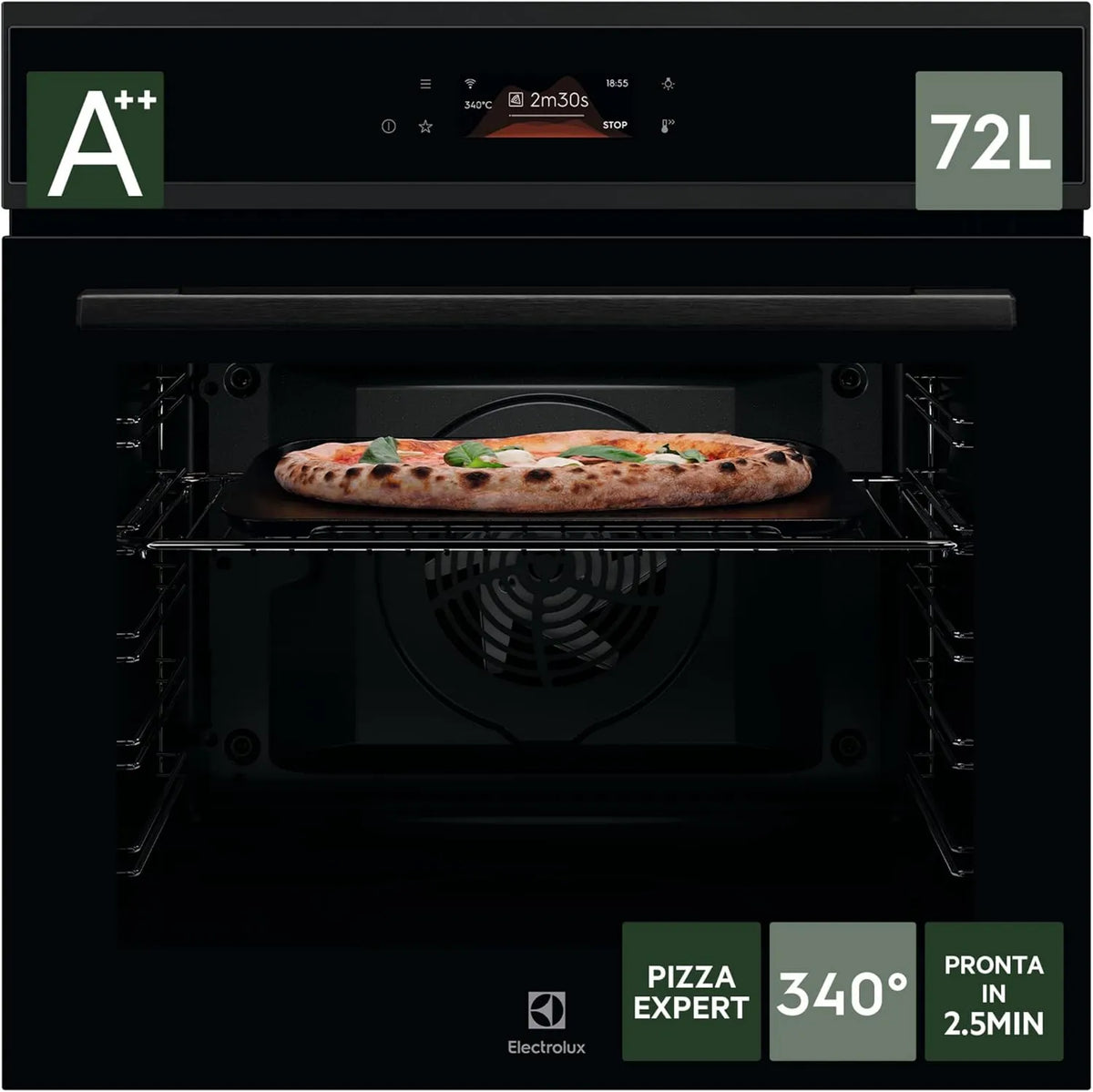 Electrolux piekarnik do zabudowy, COX8P08 WH Elektryczny mini piekarnik do pizzy, 72 l, do zabudowy, z ekranem dotykowym, WiFi, para, żeliwo, PizzaExpert 340°C, pizza funkcja w 2, 5 minut