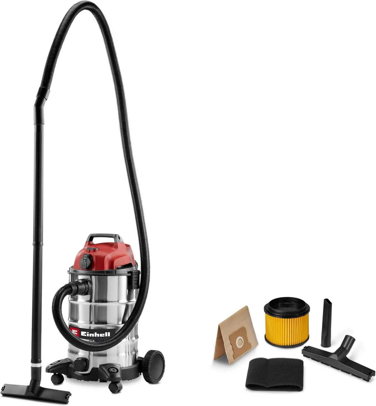 Einhell, TC- VC 3055 Odkurzacz, 30 l, 900 W, kółka wyporowe, duży zbiornik, stal nierdzewna, 190 mbar
