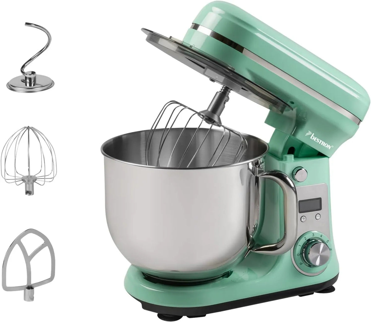 Bestron robot kuchenny, 4- in-1, 6 l, 65 dB, cichy, zielony, 6 prędkości + funkcja pulsu, Super cichy cukiernik, 6 litrowy miska 4-en-1