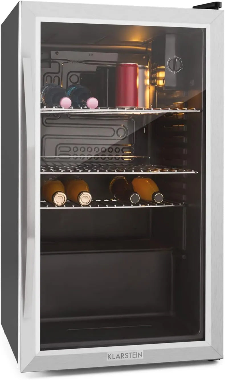 KLARSTEIN minilodówka, Lodówka, 80 l, oświetlenie LED, szkło, ciche, wyjmowane, czarne, mini lodówka z wypchanymi drzwiami, srebro, do napojów i puszki
