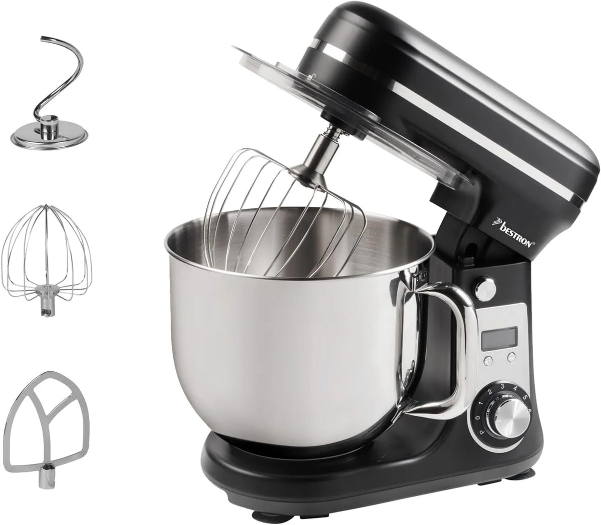 Bestron robot kuchenny, 4- in-1, 6 l, 65 dB, cichy, czarny, 6 prędkości + funkcja pulsu, Super cichy cukiernik, 6 litrowy miska 4-en-1