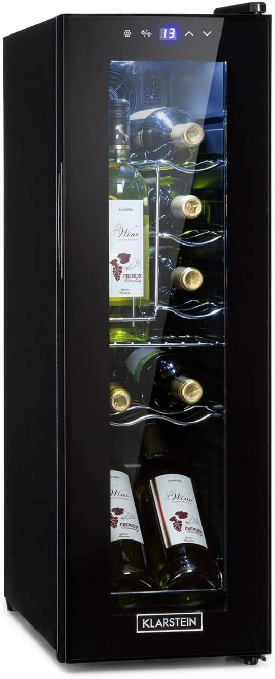Klarstein chłodziarka do wina, 12 butelek, sterowanie dotykowe, Shiraz, mini lodówka, kompaktowa chłodziarka na wino, przejrzysty dotykowy panel