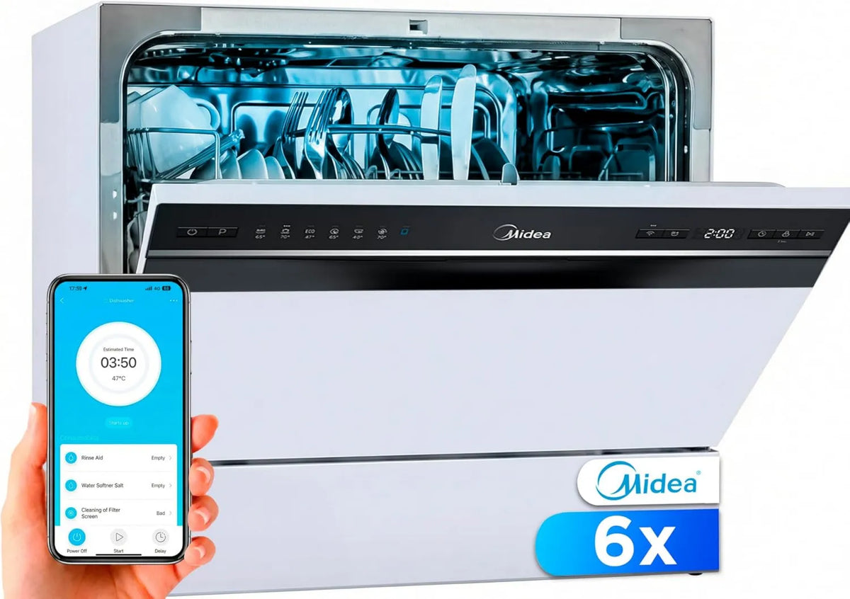 Midea zmywarka kompaktowa, Zmywarka, 55 cm, 6 programów, 49 dB, przenośna, aplikacja, biała, myjka Mała Pralka Biały 55 cm 6 Ludzie Kompaktowe i przenośne Bez