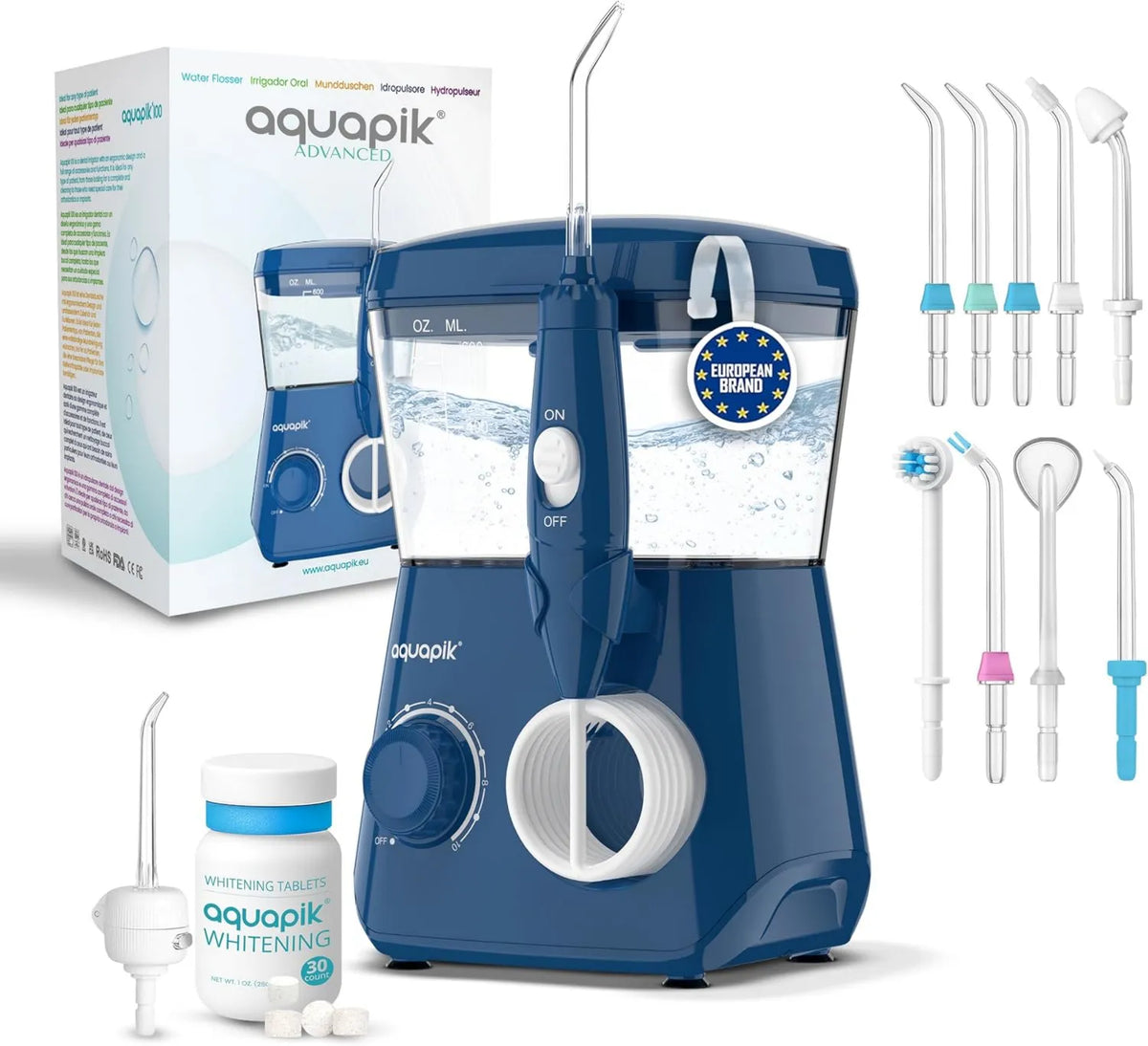 Boston Tech, Niebieski, Aquapik ® Advanced Ural Irrigator Idealny do ortodontycznego, implant i wrażliwy zestaw wybielaczy dziąseł + 8 dysz, 10 poziomów