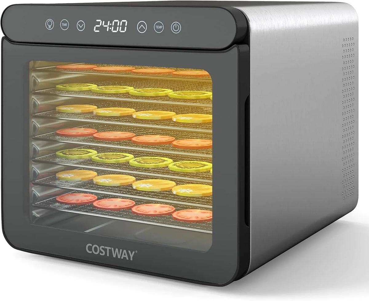 COSTWAY suszarka do żywności, Akcesoria do urządzeń, 30 do 75°C, 1-24H, licznik, 2 strefy temperaturowe, stal nierdzewna
