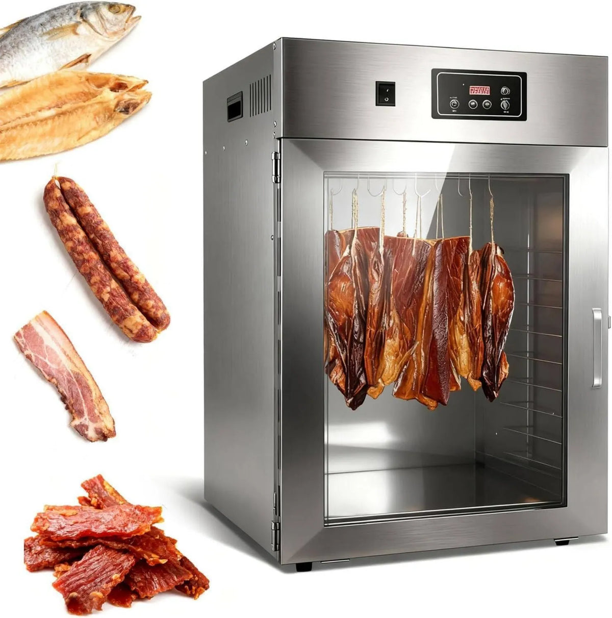 WHYYDSS suszarka do żywności, Stal nierdzewna, Odwodnienie żywności, 800 W, z komory suszenia wyposażone w 14 Hooks, Termostat regulowane od 30 do 90°C i minutnik