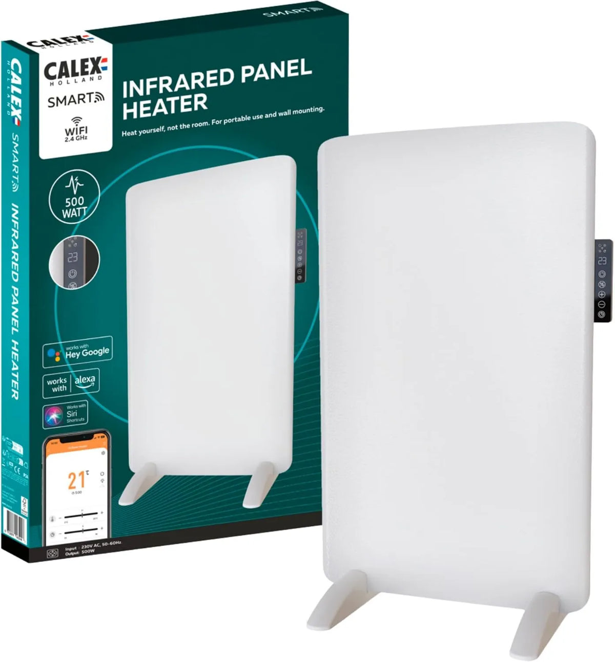 CALEX, Grzejnik elektryczny, 500 W, licznik czasu, aplikacja i sterowanie głosem, termostat, biały, smartfon