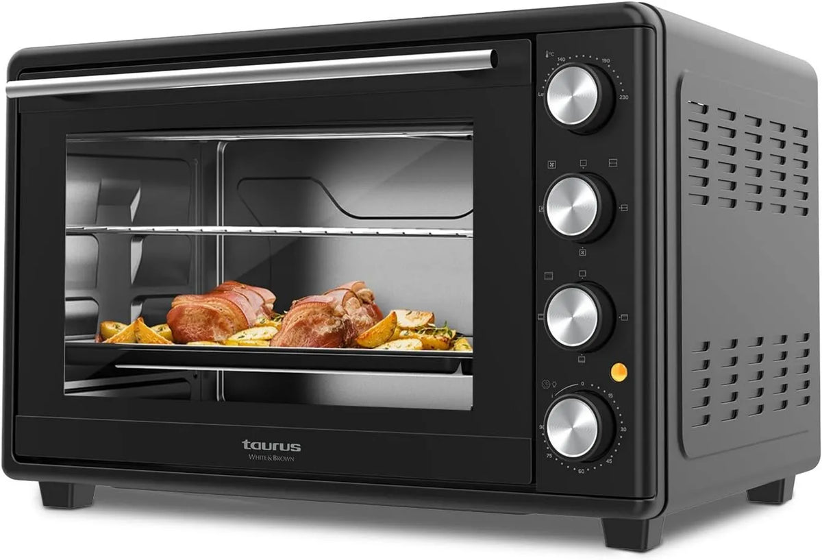 TAURUS mini piekarnik, Piec elektryczny, 45 l, 2000 W, zegar, czarny, 15 tryby gotowania, minutnik 90 Min, Pojemność 45 l, Akcesoria Rotisserie, System Stay