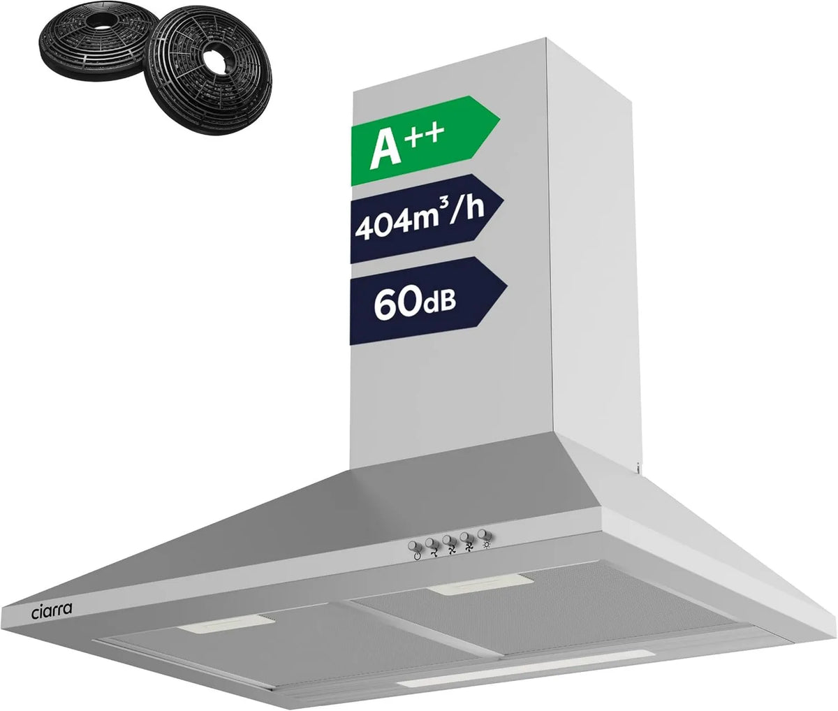 CIARRA okap kuchenny, CBCS6201 CBCF002X2 Osłona ssąca, 60 cm, 404 m3 / h, 60 dB, klasa energetyczna A, ewakuacja i recykling, oświetlenie LED m3/h