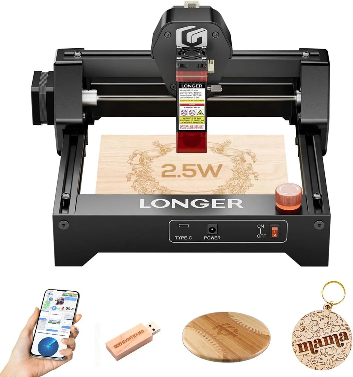 LONGER Ray5 mini maszyna do grawerowania laserowego 2,5 W, 12000 mm, 130 mm, 140 x 130 mm, sterowanie WiFi, wbudowana funkcja Wi-Fi