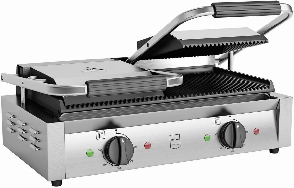 METRO Professional grill elektryczny, GPG2201 Grill, 57 x 36 x 20 cm, 50 do 300°C, 2 strefy temperaturowe, stal nierdzewna, srebro, METRO profesjonalny
