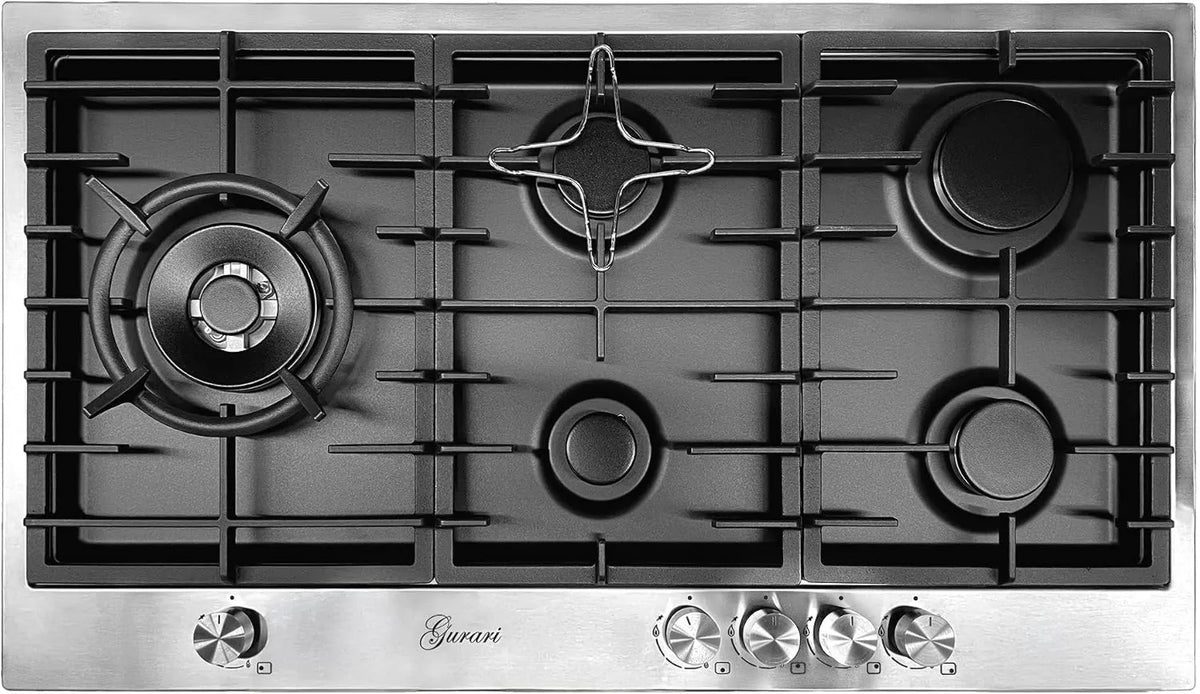 TY905VPGC płyta gazowa, 4,0 kW, 90 cm, stal nierdzewna, Gurari płyta gazowa 90 cm, stal nierdzewna/czarna, adapter do kawy, gaz ziemny i propan