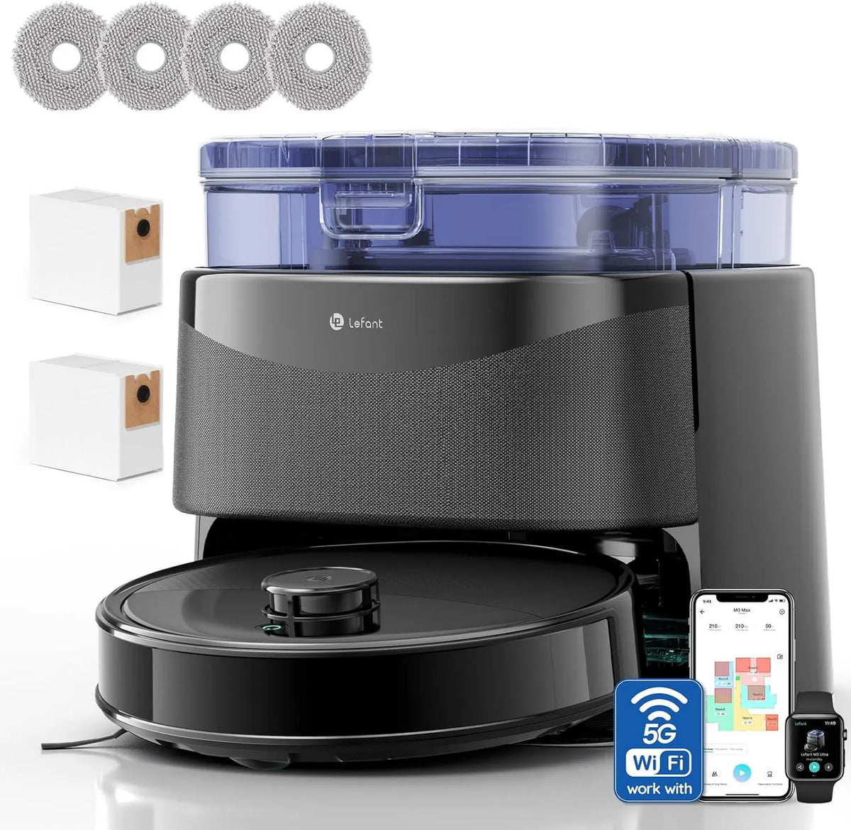 Lefant robot sprzątający, Lewant M3Ultra 15 m Odkurzacz, Wi-Fi, czas pracy 220min, Vacuum 23000Pa, Pranie 75°C, Unikanie przeszkód PSD