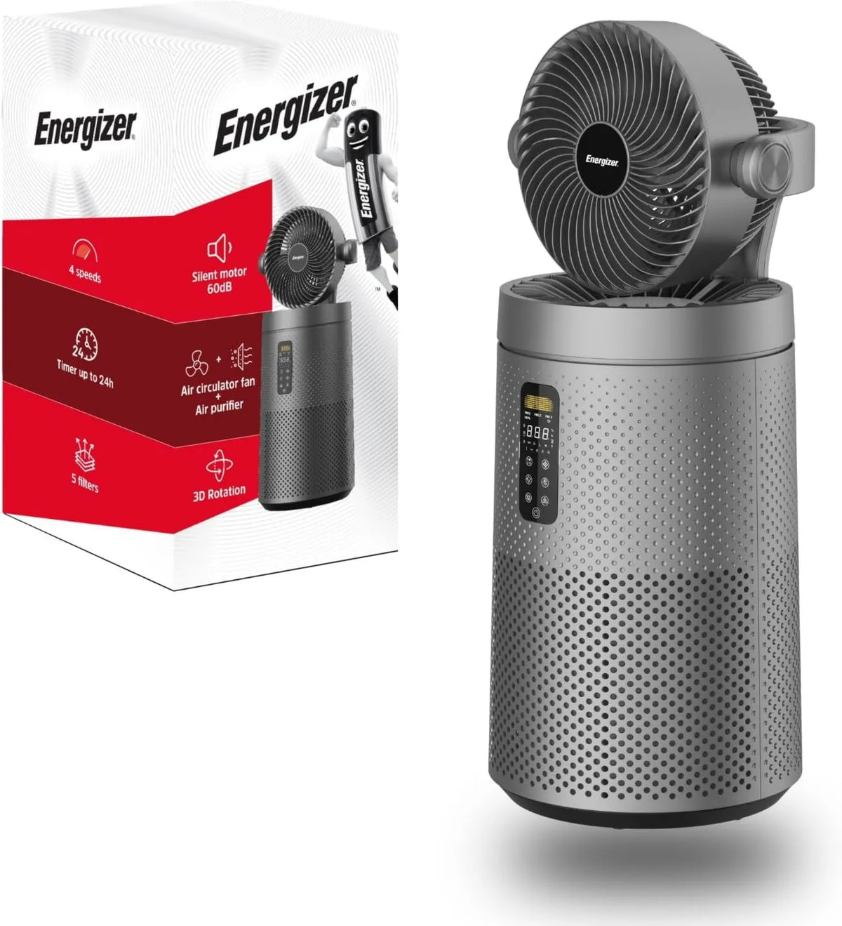 Energizer oczyszczacz powietrza, 72 cm, 368 m3 / h, 35 dB, oscylacja 90 °, dekoracja salonu, tłumik, szary, filtr HEPA do czyszczenia, 4 prędkości